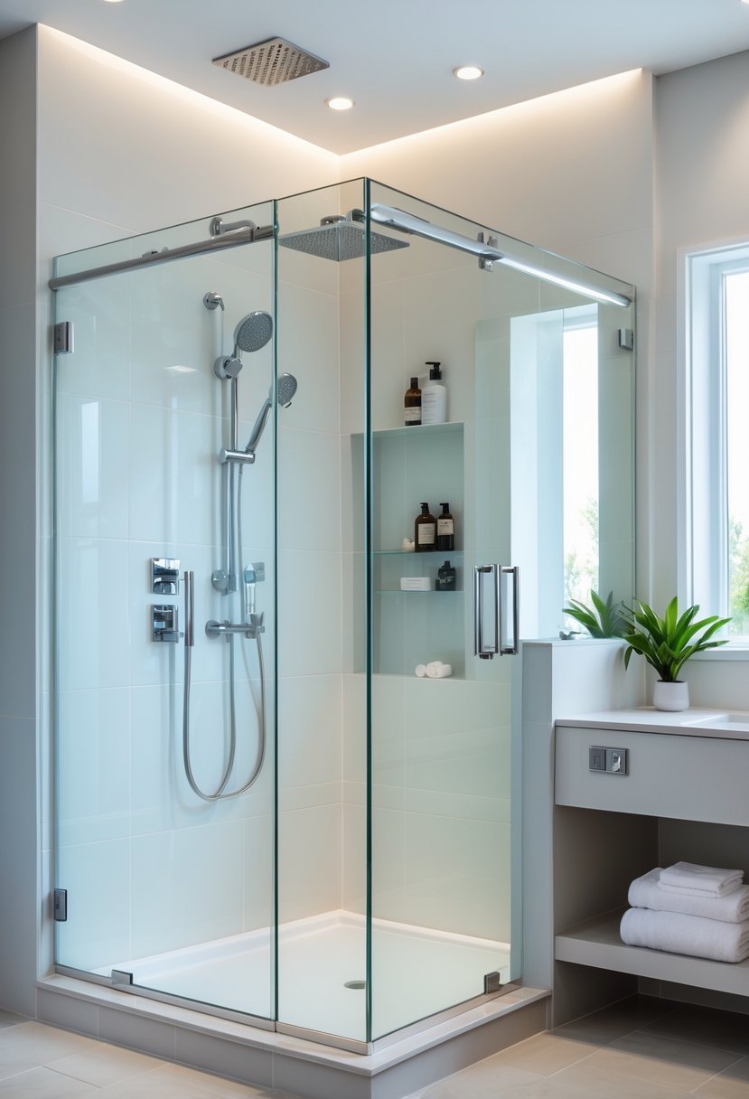 A modern bathroom with a walk-in shower enclosed by clear glass doors and chrome fixtures.