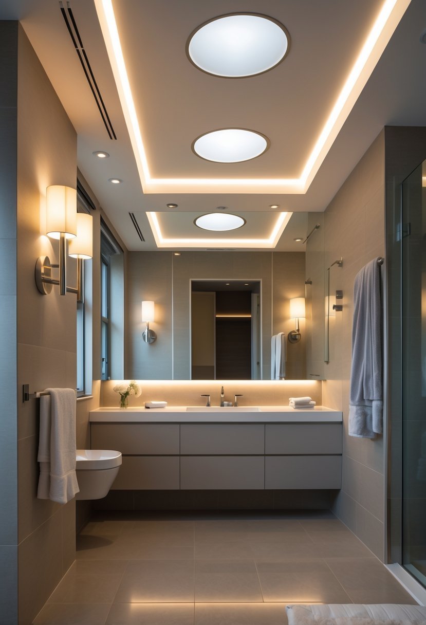 A modern bathroom with wall sconces and recessed ceiling lights illuminating a vanity with a large mirror and clean countertop.