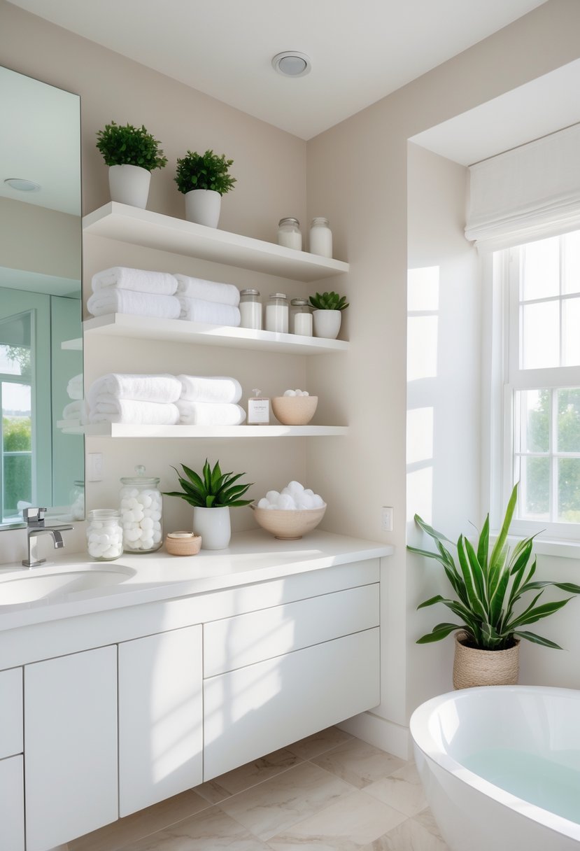 A bathroom with open shelves holding towels, plants, and bath items next to a vanity with a mirror.