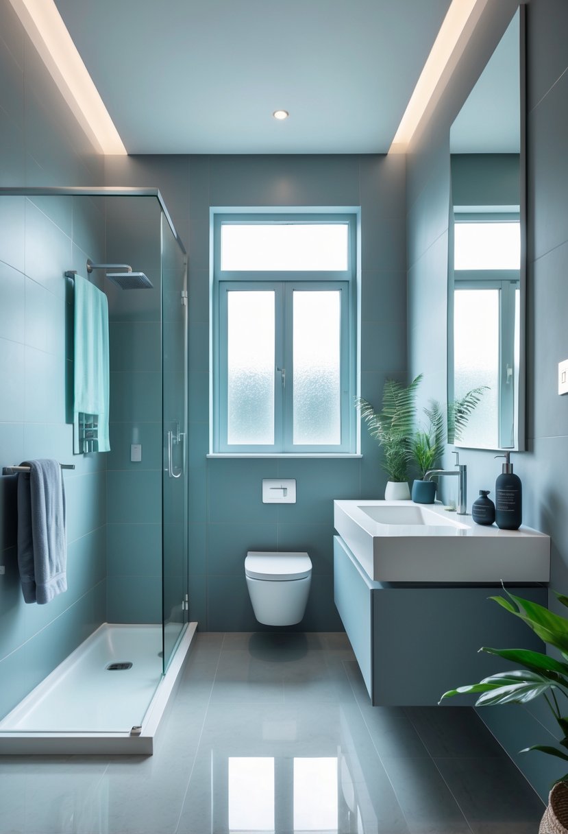 A modern bathroom with a walk-in shower, floating vanity, large mirror, and coordinated accessories in shades of one color.