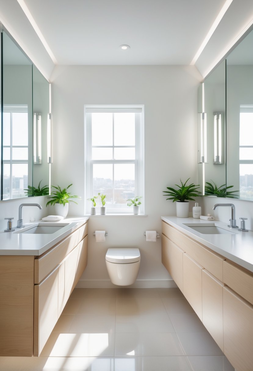 A shared bathroom with a double vanity, two sinks, mirrors, and natural light.