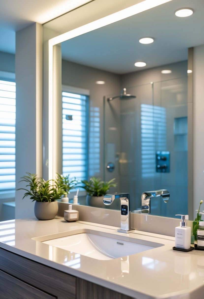 A modern bathroom with a touchless faucet on a vanity and a glass shower in the background.