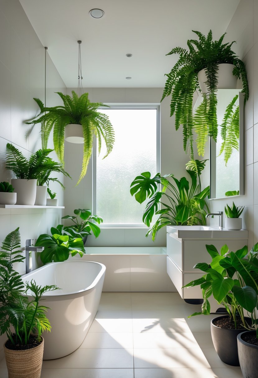 A modern bathroom with green plants placed on shelves, hanging planters, and countertops near a bathtub and vanity.