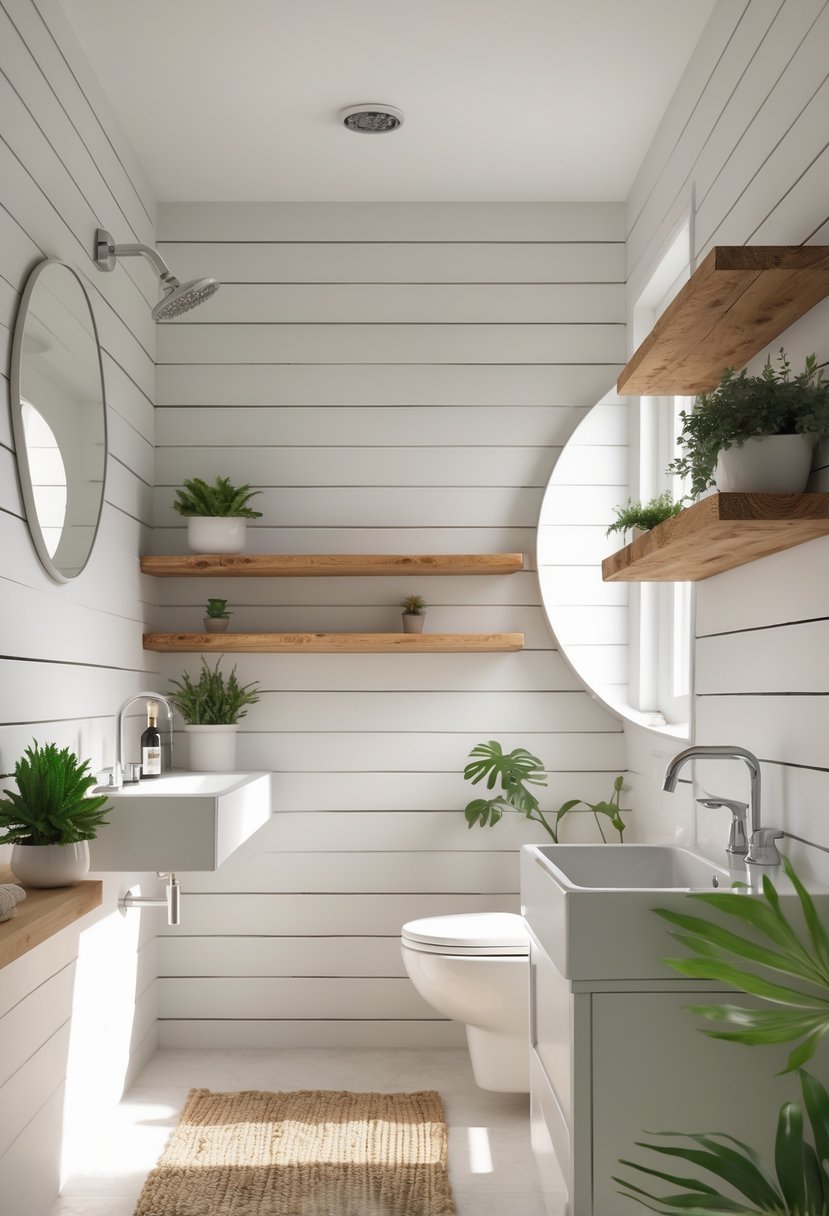 A bathroom interior with wooden shiplap walls, a sink, a round mirror, and green plants.