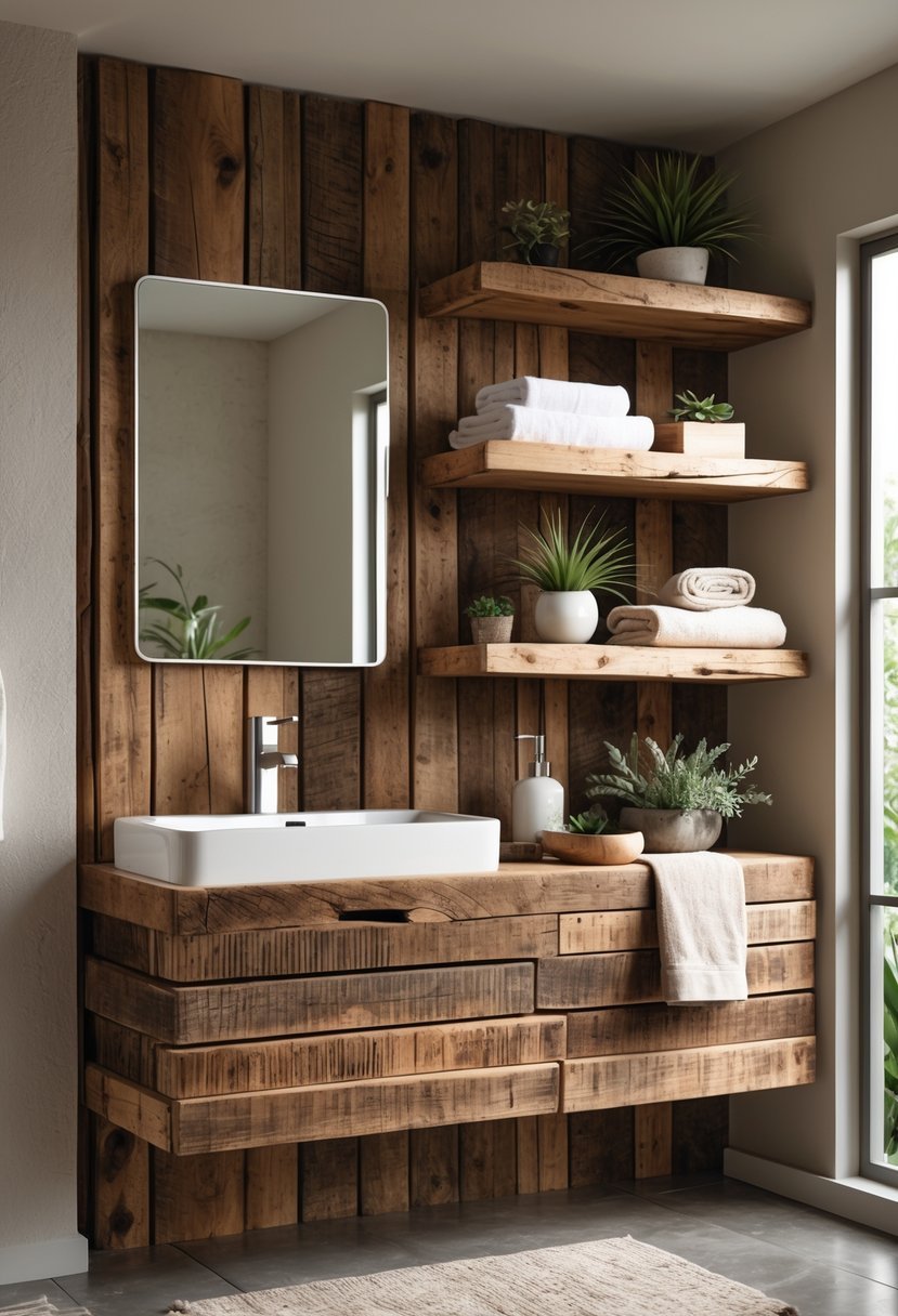 A bathroom with a wooden vanity and shelves holding towels and plants.