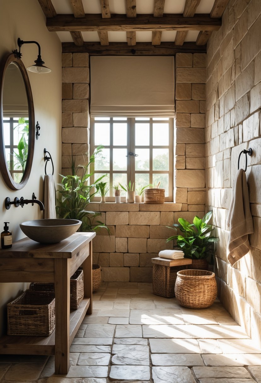 A bathroom with stone tiled floors and walls, a wooden vanity with a sink, and decorative plants.
