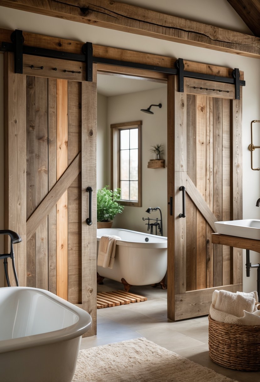 A bathroom with sliding wooden barn doors, a freestanding bathtub, a farmhouse sink, and rustic decor elements.