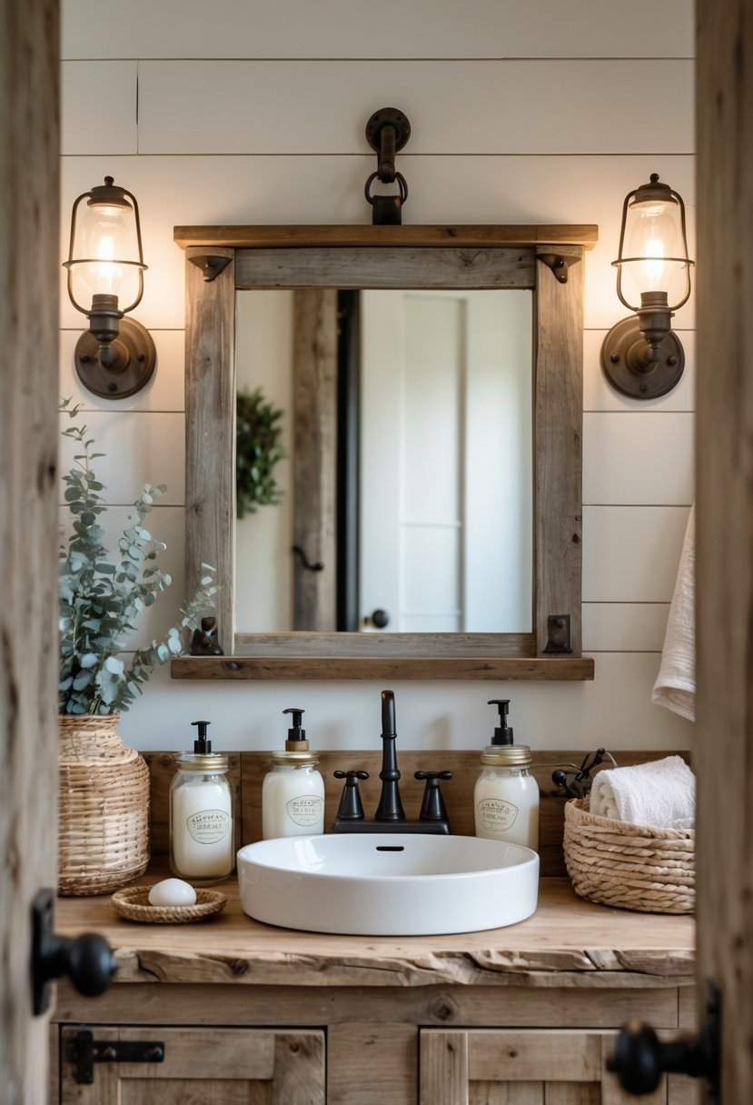 A bathroom with a wood-frame mirror above a wooden vanity, decorated with soap dispensers, towels, and small plants.
