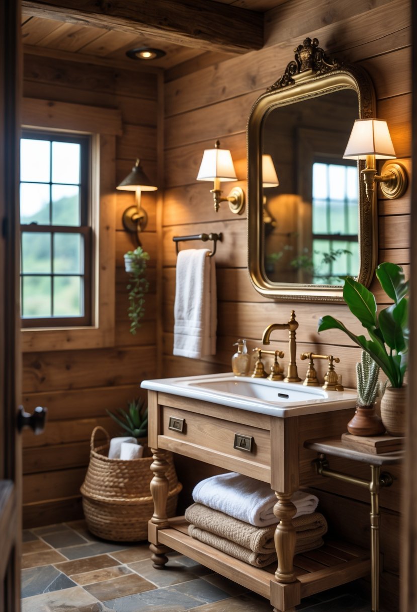 A bathroom with wooden vanity, white sink, brass faucets, a framed mirror, warm lighting, stone tile floor, and decorative plants.