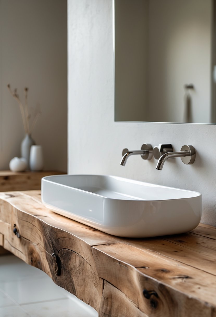 A bathroom with a modern white sink installed on a thick wooden countertop.