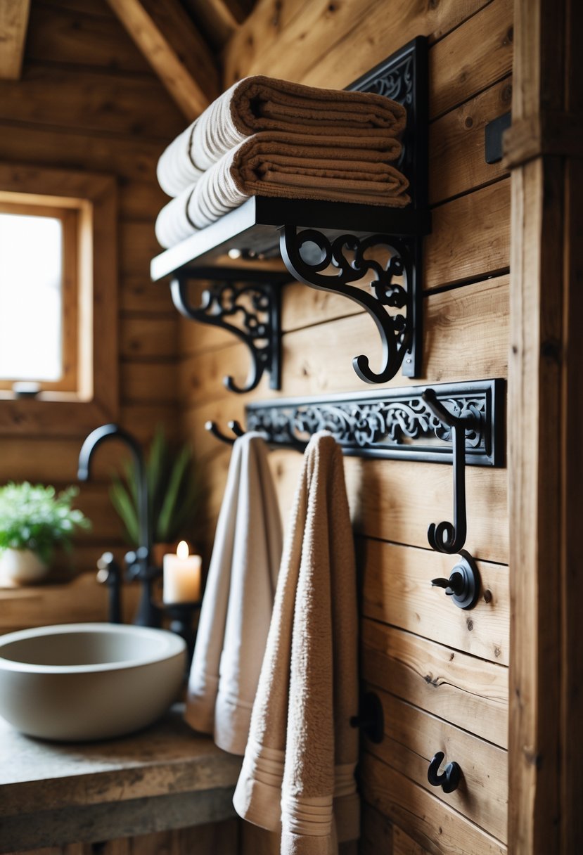 Bathroom interior with wrought iron towel racks and hooks on a wooden wall holding towels and bathrobes.