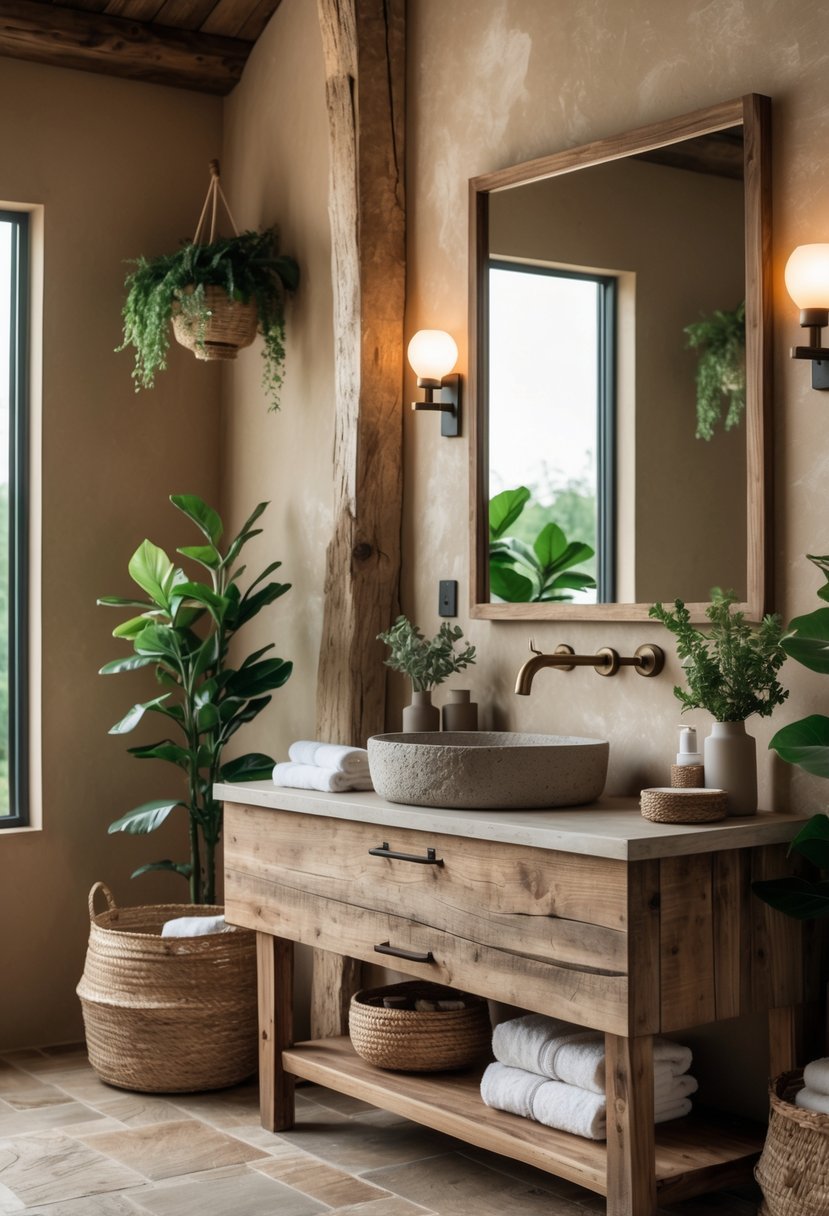A rustic bathroom with wooden vanity, stone sink, plants, woven baskets, and natural stone flooring.