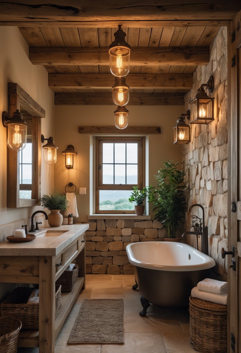 A bathroom with a freestanding bathtub, wooden vanity, stone walls, and warm lighting fixtures illuminating the space.