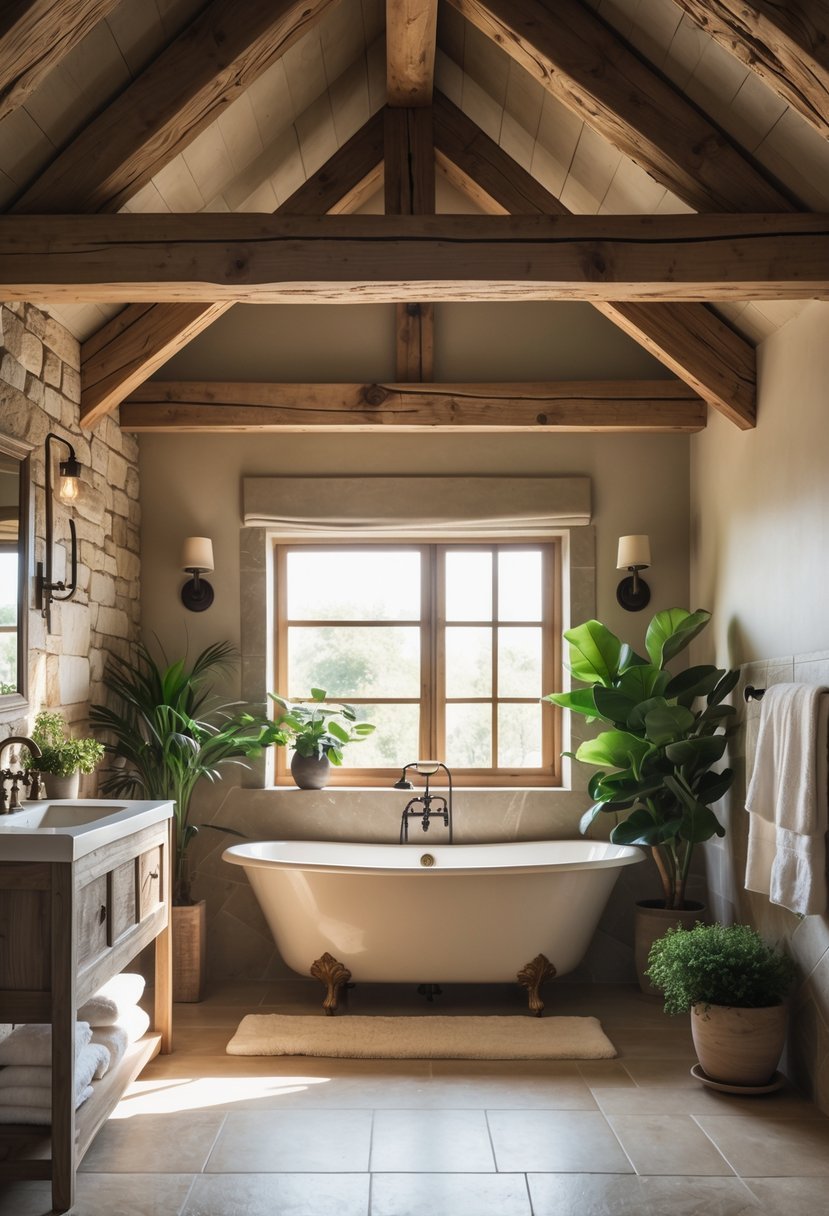Bathroom interior with exposed wooden beams on the ceiling, a bathtub, and natural light.