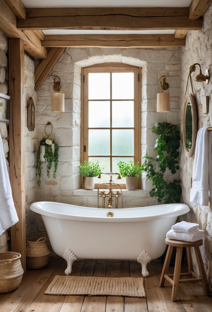 A bright bathroom with a white clawfoot bathtub, wooden accents, stone walls, and potted plants.