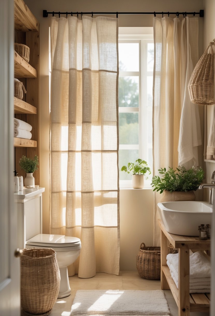 Bathroom with layered linen and burlap curtains next to a window, wooden shelves, plants, and neatly arranged towels.