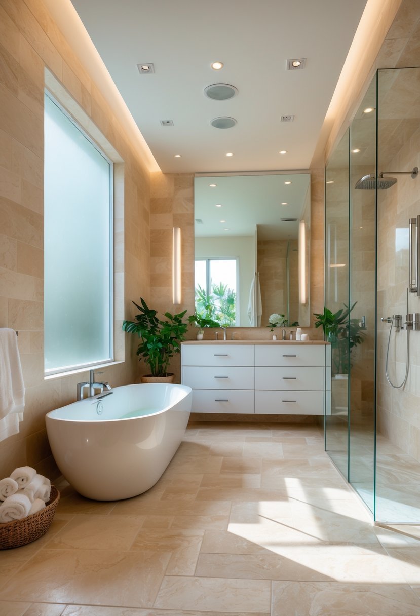 A spacious bathroom with travertine stone walls and floor, featuring a freestanding bathtub, double vanity, glass shower, and green plants.