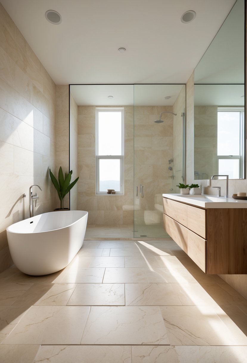 A bathroom with a seamless floor made of large beige travertine tiles, a white bathtub, wooden vanity, and natural light coming through a window.
