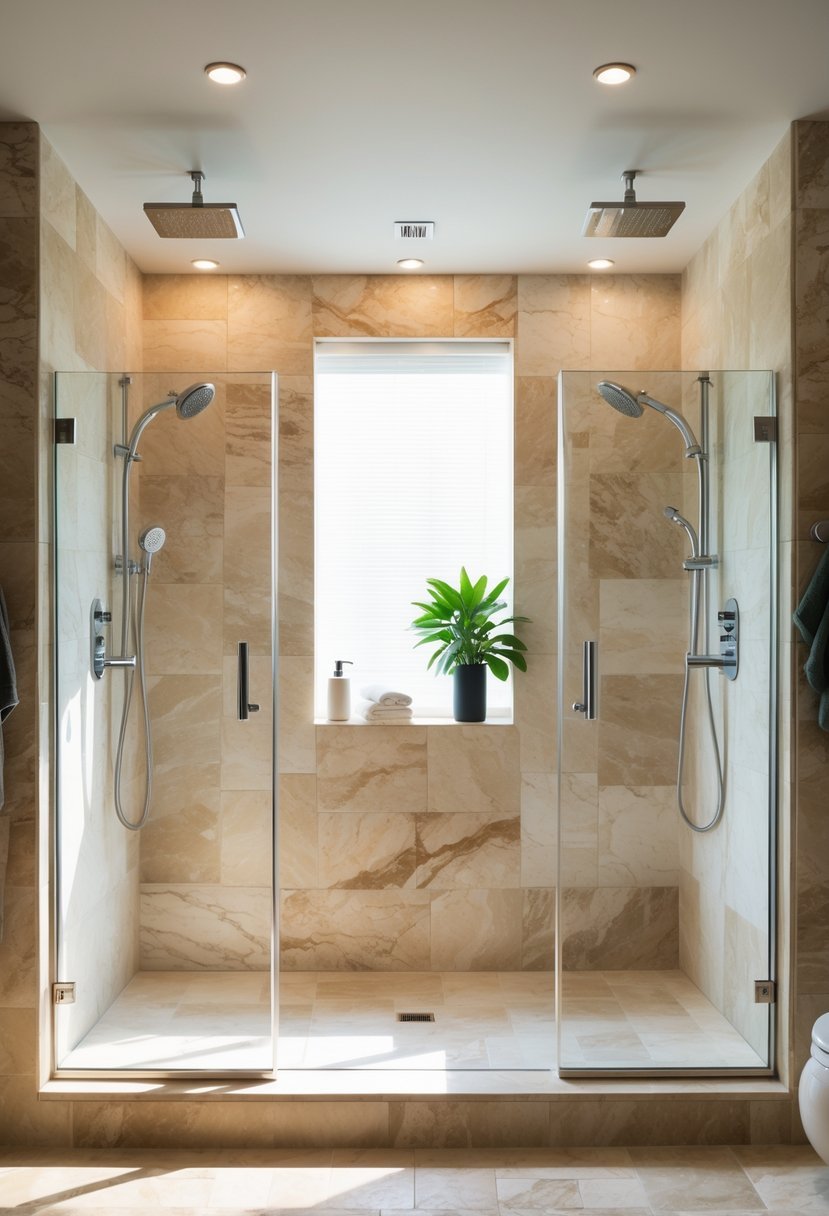 A bathroom with a double shower featuring travertine stone walls and glass doors.