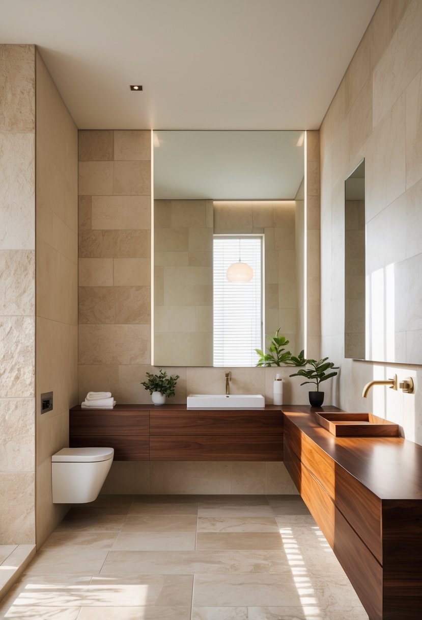A bathroom with beige travertine tiles and wooden countertops illuminated by natural light.