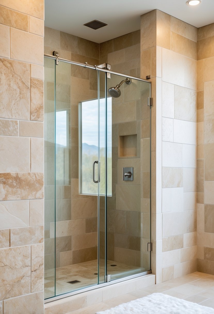 A bathroom with a glass shower door installed within beige travertine stone surrounds.