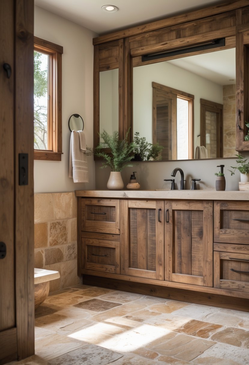 Bathroom with distressed wooden cabinets and travertine stone floors, featuring a sink, mirror, and minimal decor.