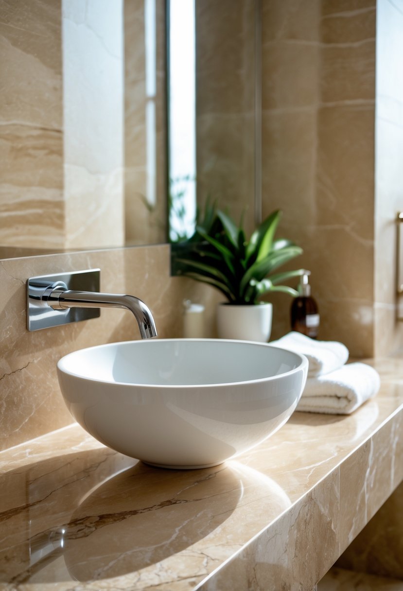 A vessel sink placed on travertine countertops in a bathroom with a faucet, plant, and towels.
