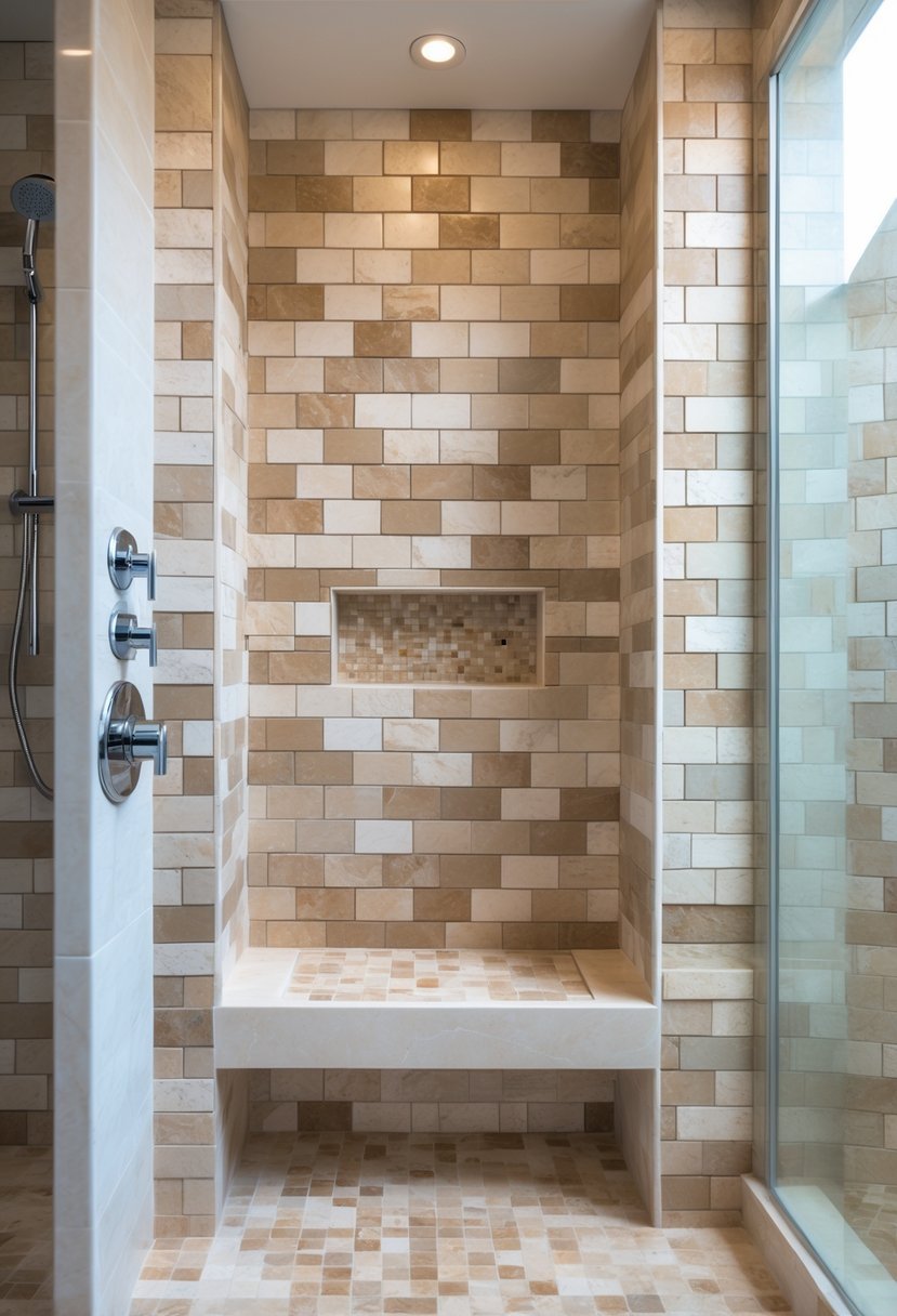 A shower niche in a bathroom wall decorated with beige travertine mosaic tiles and modern shower fixtures.