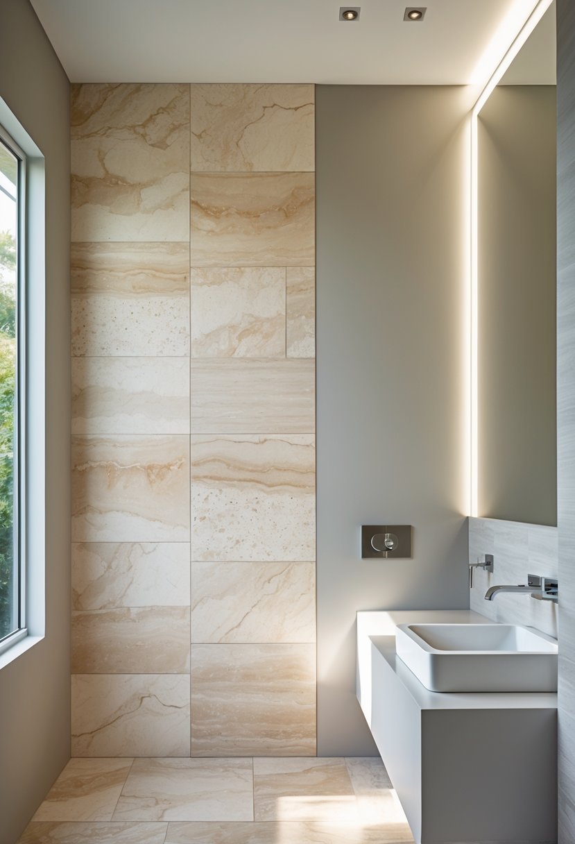 A bathroom interior showing a wall with natural stone tiles next to a painted section, with a sink and mirror nearby.