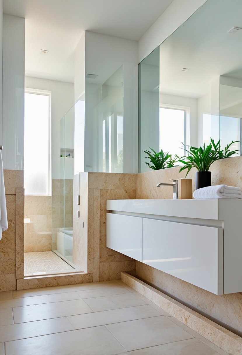 A bathroom interior featuring travertine baseboards along the floor edges, a vanity with a mirror, and neutral-colored walls.