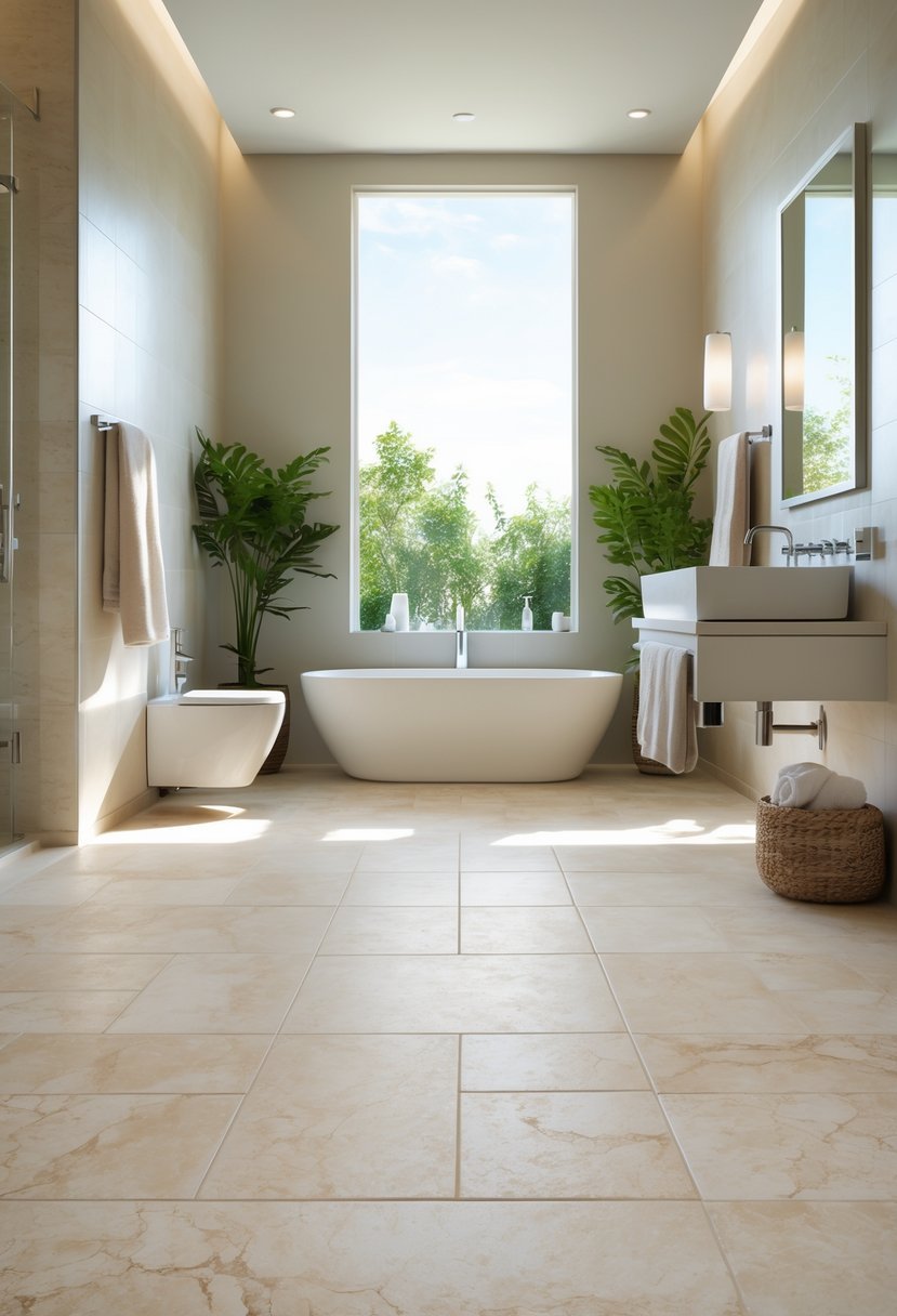 A bright bathroom with honed finish travertine floor tiles, a freestanding bathtub, and a vanity with a sink.