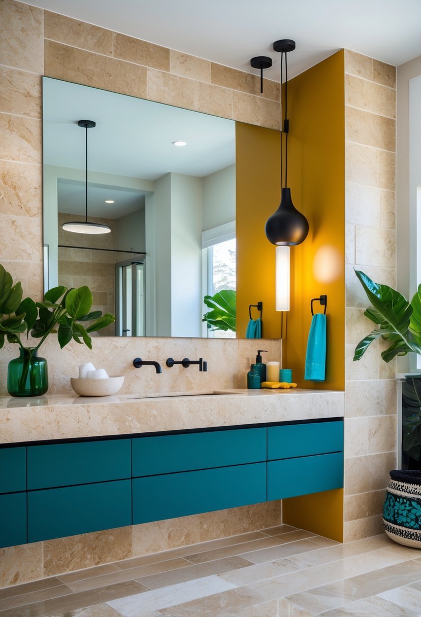 A modern bathroom with beige travertine surfaces and bright colored accents, including a sink, mirror, and plants.
