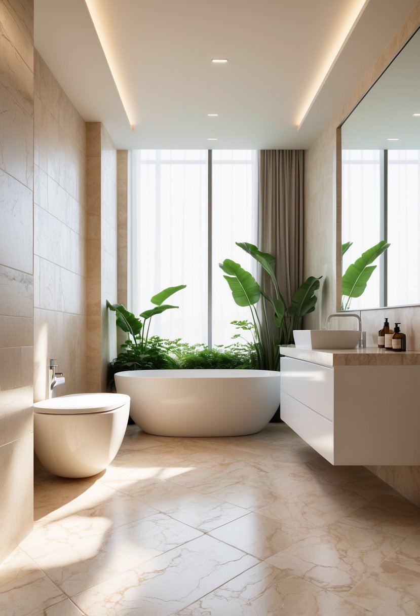 A bright bathroom with a freestanding bathtub and travertine floor tiles with subtle veins.