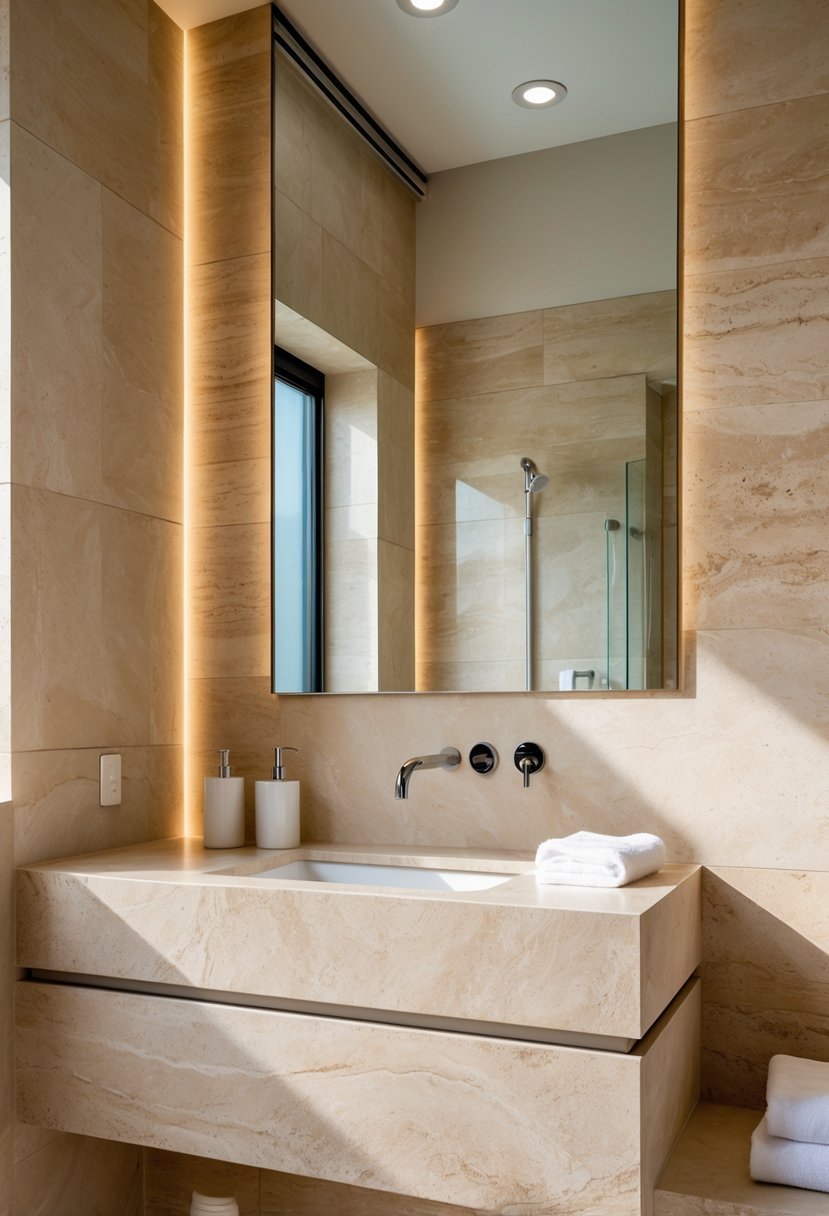 A bathroom with travertine stone on the walls and vanity top, featuring a sink, mirror, and neatly arranged towels.