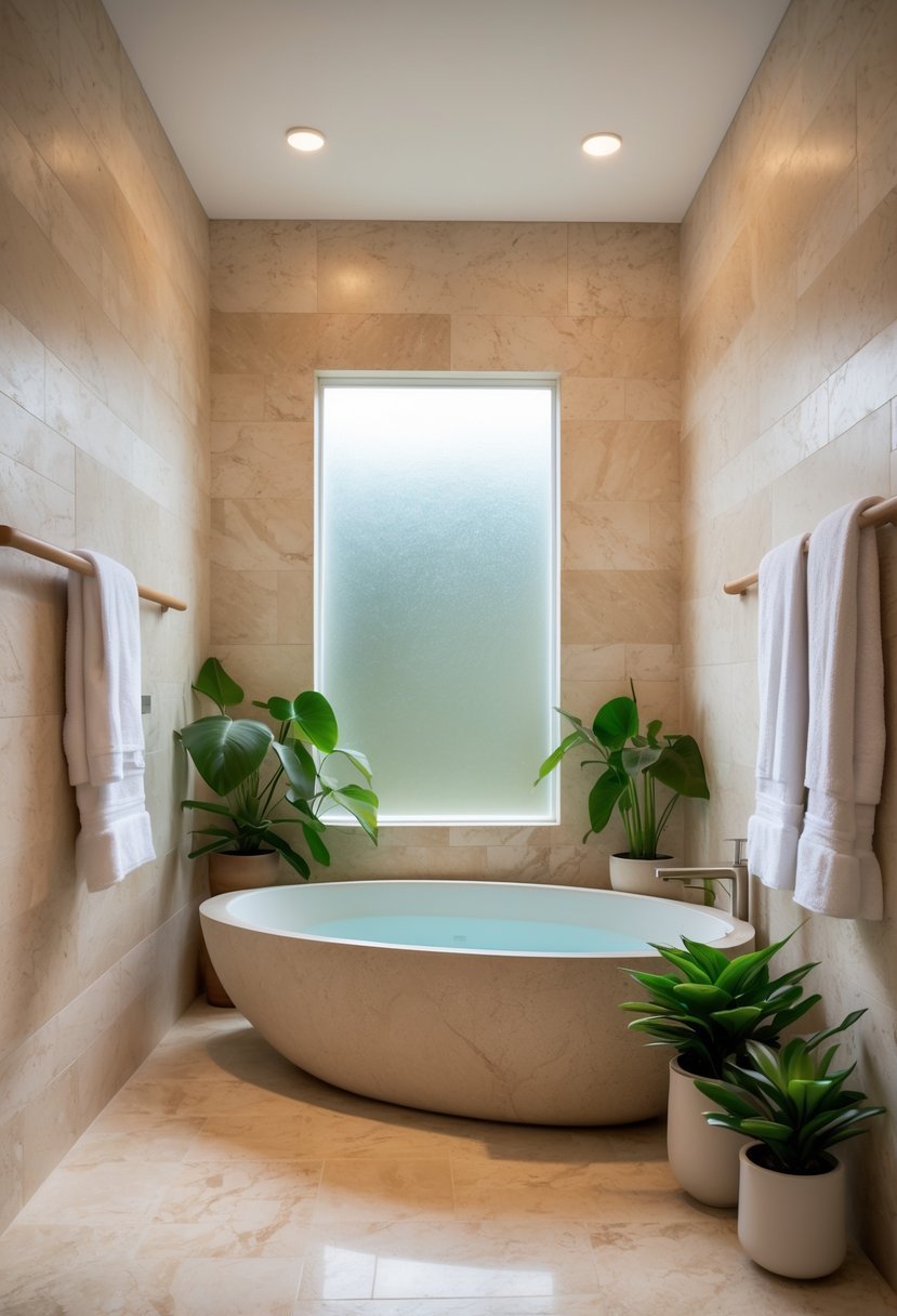 A bathroom with a freestanding bathtub, travertine stone walls and floor, wooden accents, towels, and green plants.