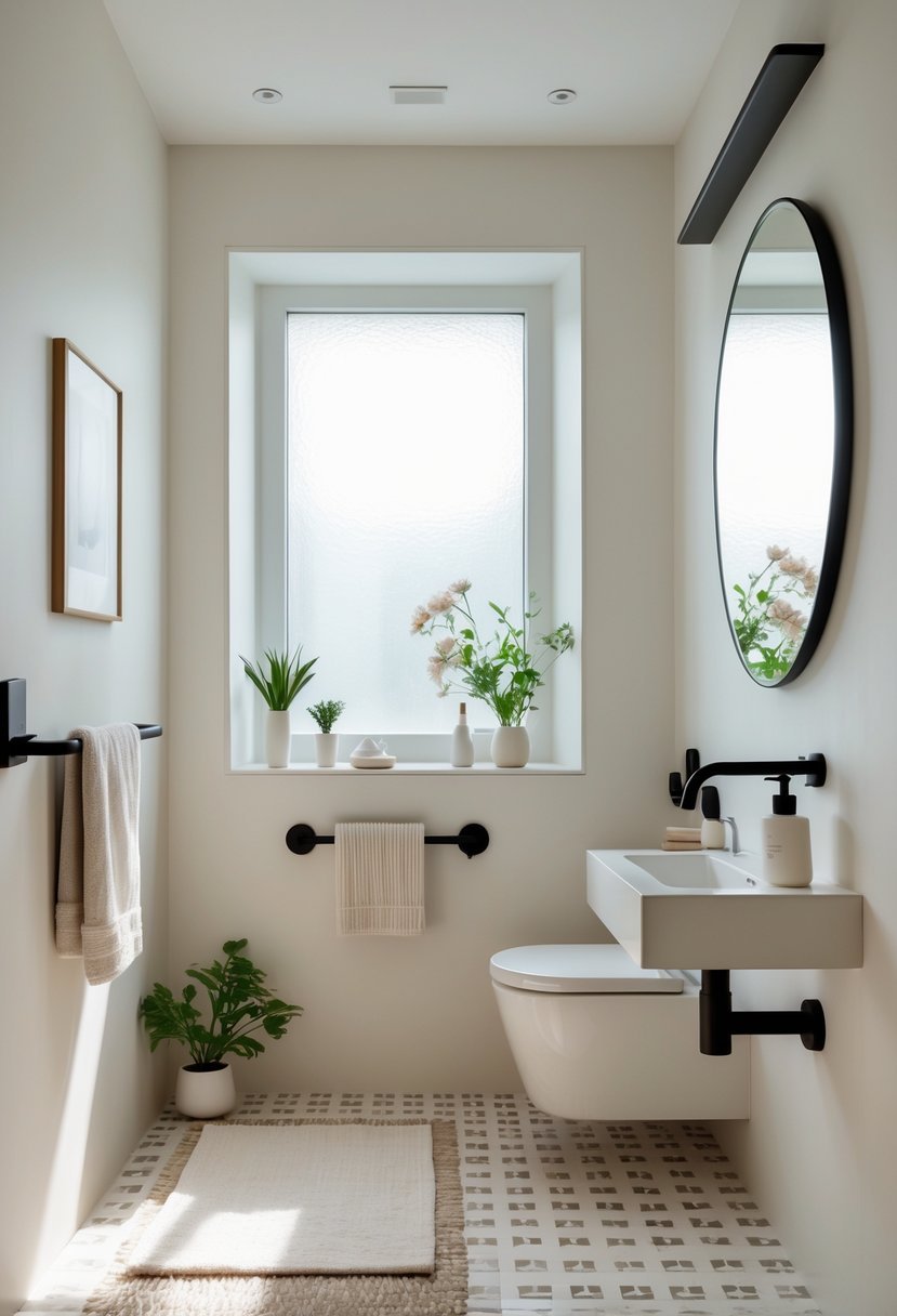 A small, modern half bathroom with a wall-mounted sink, mirror, decorative plants, and patterned tile floor.