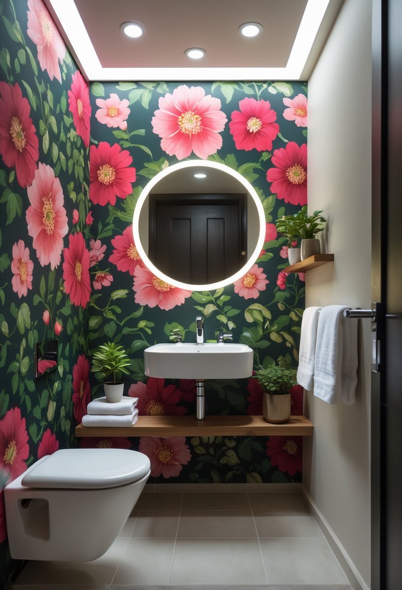 A half bathroom with bold floral wallpaper, a pedestal sink, round mirror, and a small wooden shelf with decorative items.