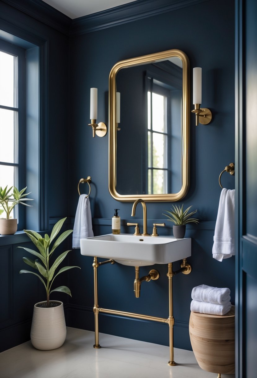 Half bathroom with navy blue walls, brass fixtures, a white sink, and a brass-framed mirror.