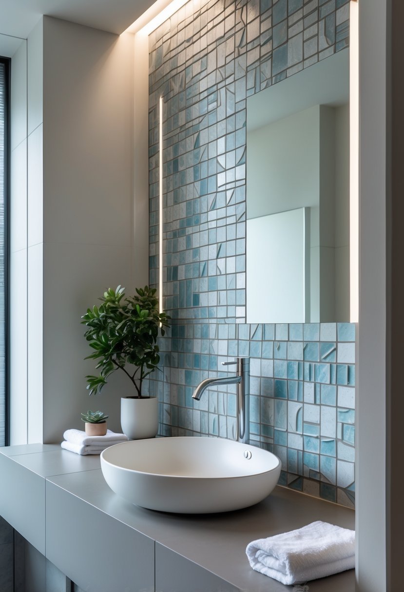 A half bathroom with a white sink and chrome faucet, featuring a textured geometric tile backsplash and a small potted plant on the countertop.