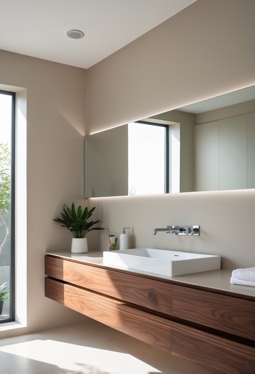 A half bathroom with a floating walnut wood vanity and integrated white sink, featuring a chrome faucet and a small plant on the countertop.