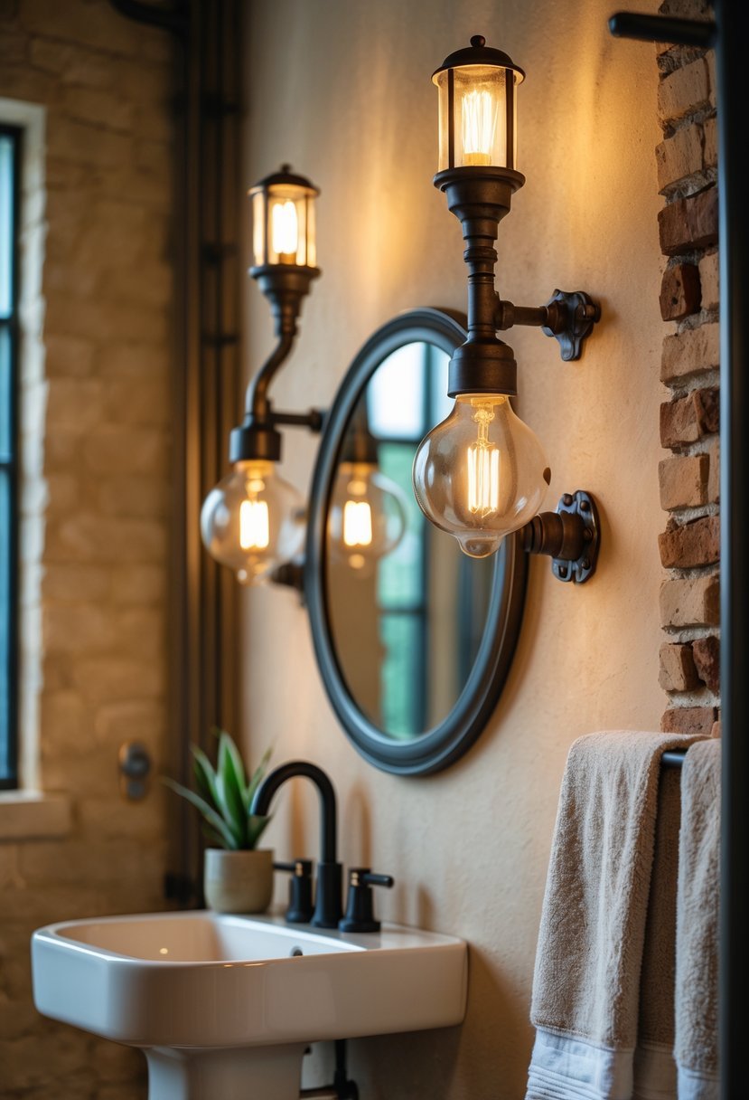 A half bathroom with wall-mounted light fixtures, a pedestal sink, a round mirror, and decorative plants.