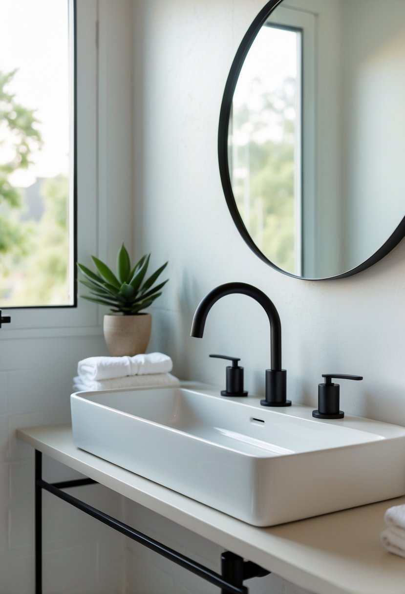 A half bathroom sink with matte black faucets, a round mirror, and a small potted plant on the counter.