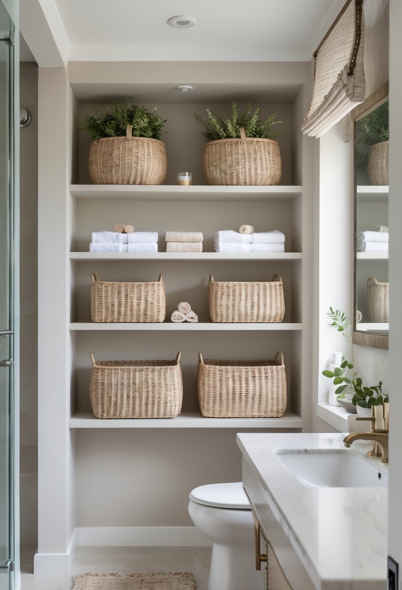 A half bathroom with open shelves holding woven baskets and folded towels.