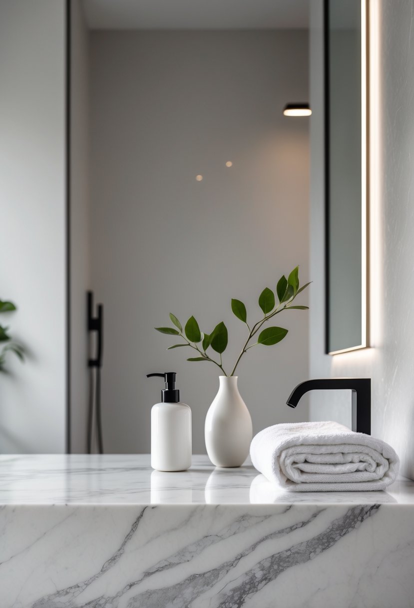Marble countertop in a half bathroom with a soap dispenser, a vase holding a green branch, and a folded white towel.