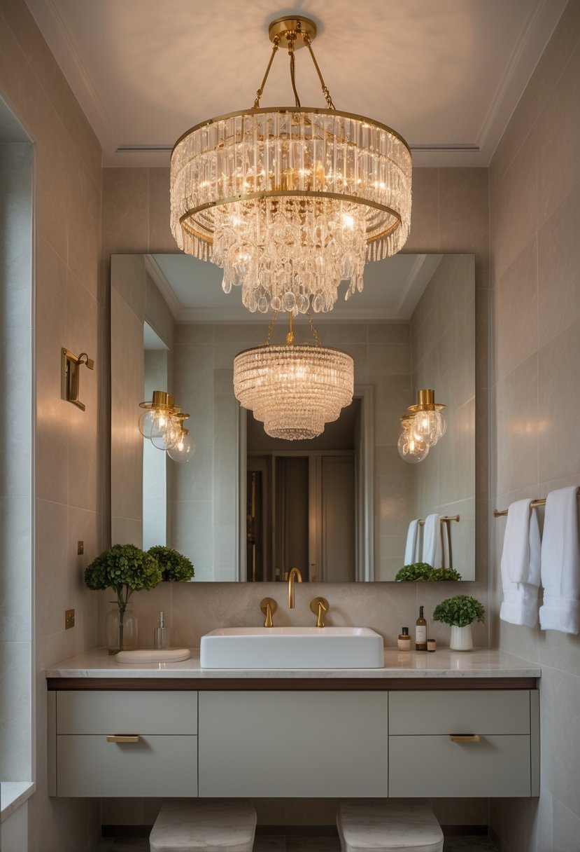 A half bathroom with a chandelier hanging from the ceiling, a wall-mounted sink, a mirror, and decorative accents.