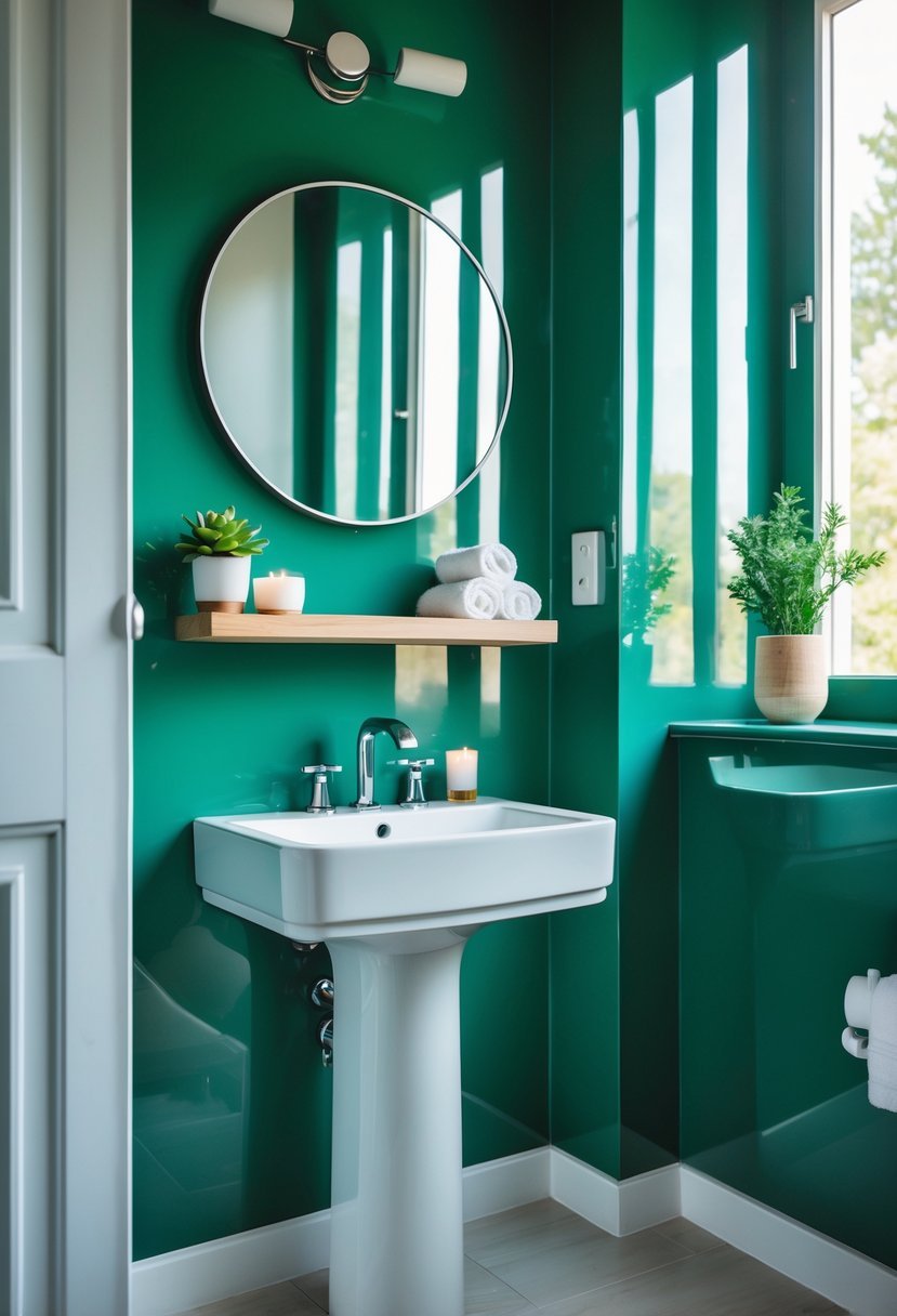 A half bathroom with glossy emerald green walls, a white pedestal sink, a round mirror, and a wooden shelf with decorative items.