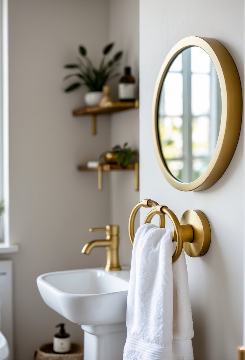 A small bathroom with a white pedestal sink, brass towel rings holding a white towel, a round mirror with brass frame, and a small plant on a wooden shelf.