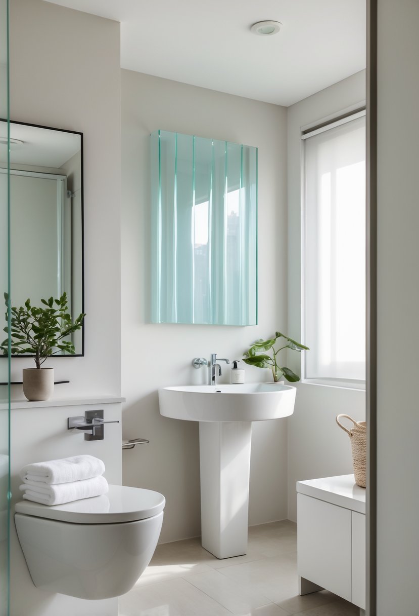 A half bathroom with a frameless glass wall art above a white pedestal sink, featuring a round mirror, potted plant, and neatly folded towels.