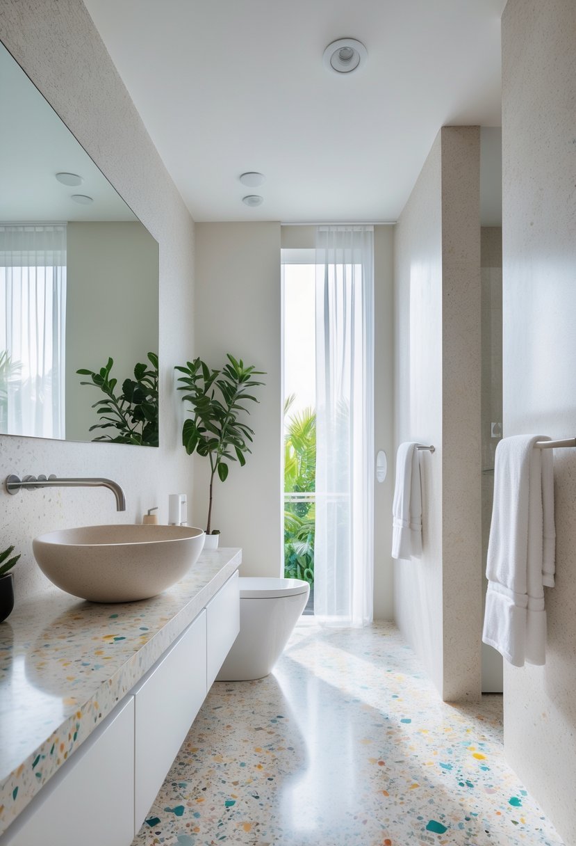 A bright bathroom with terrazzo floor and countertop, a white sink, mirror, and natural light from a window.