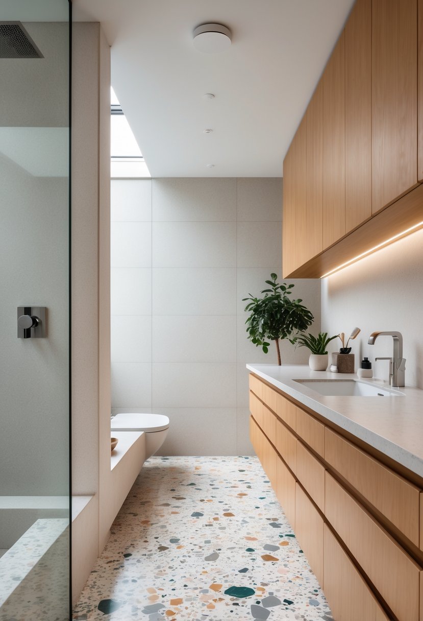 A bathroom with terrazzo flooring and flat-panel wood cabinets under a sink, well-lit and neatly organized.